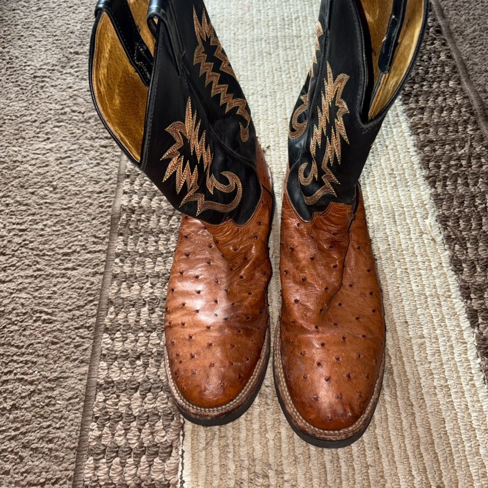 Justin Boots Brown Ostrich Toe Black Embroidered Shaft Western Boots